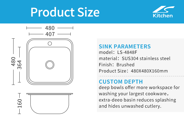 LS-4848F 201/304 Hindi kinakalawang na asero Single Kitchen Sink Brushed Sa Itaas ng Counter Sink Lababo ng Gulay