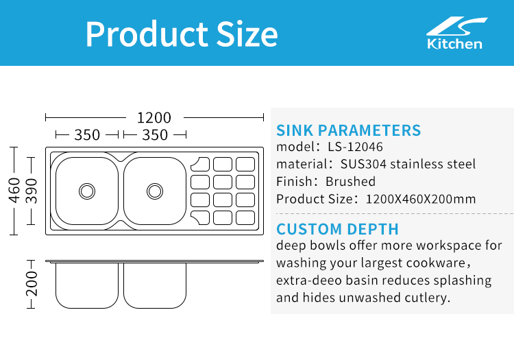 LS-12046B Ang mga modernong accessory ay undermount ang malalaking 304 double bowl basin sink